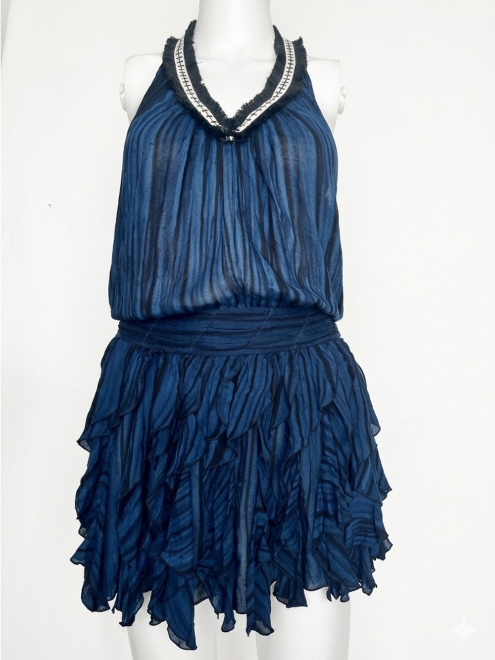 Poupette St. Barth Navy Ruffle Halter Mini Dress Xs Boho Resort Viscose Flowy